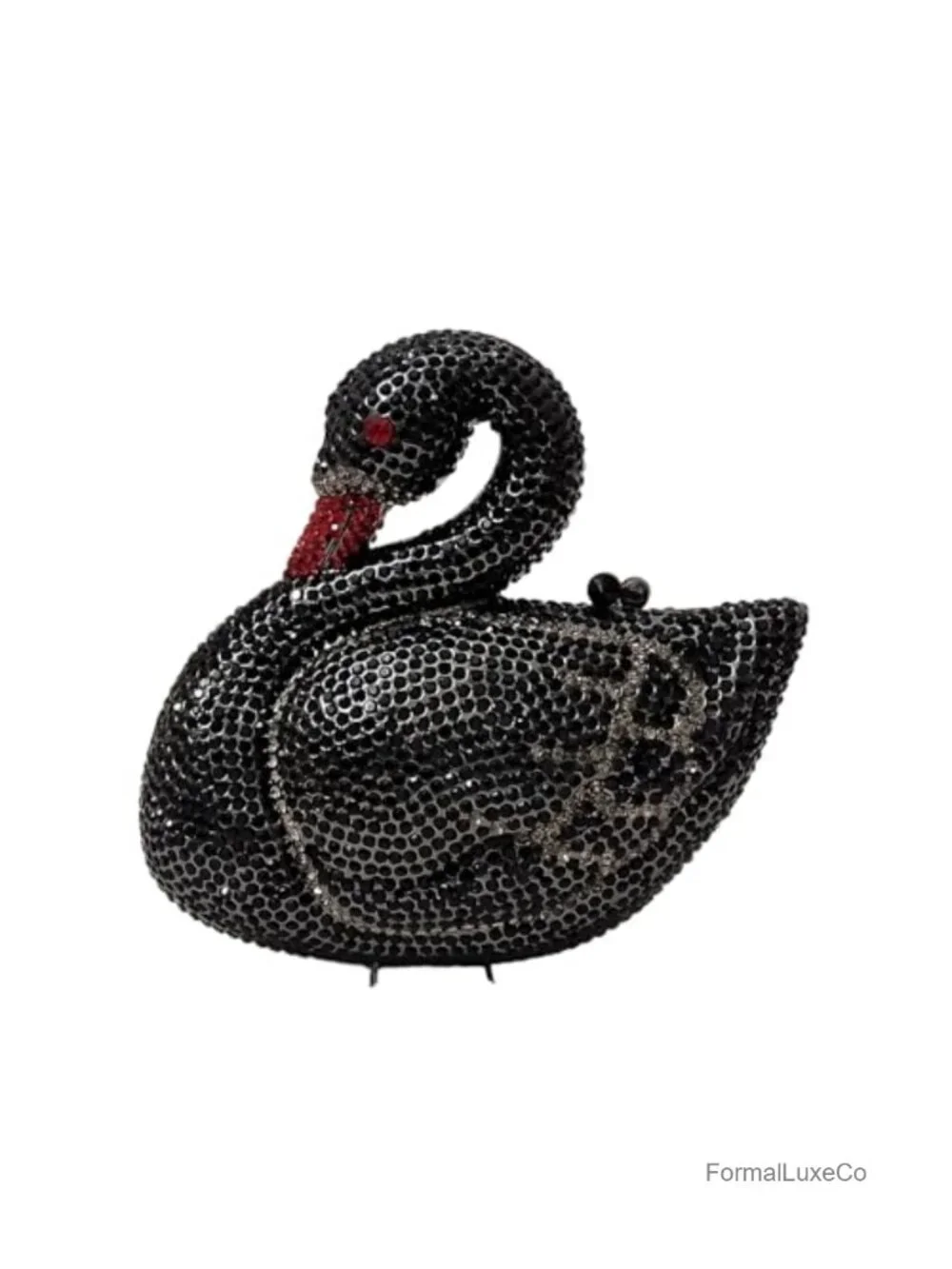 Crystal Swan Evening Clutch Rhinestone Minaudiere Faux Leather Handbag